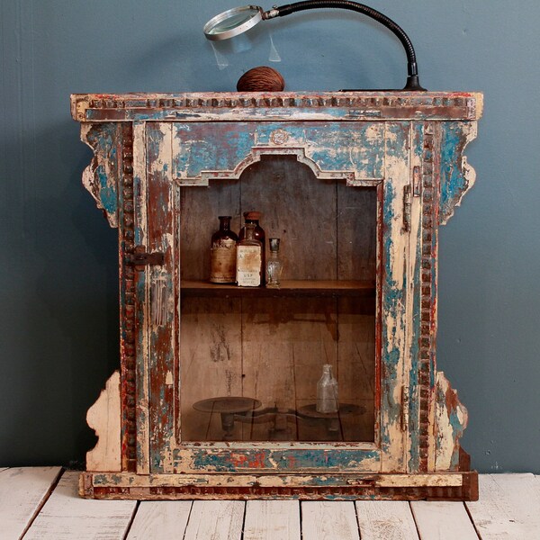 Indian Vintage Cream Turquoise Blue Red Teal Glass Hanging Industrial Bathroom Kitchen Spice Cabinet