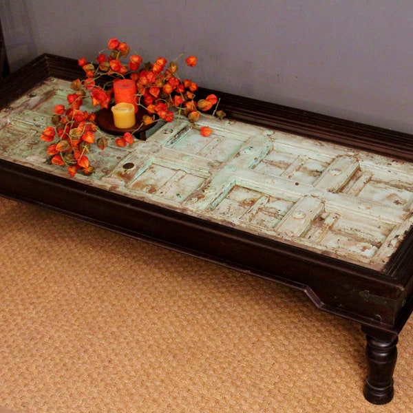SALE Vintage Distressed Blue Painted Indian Door Handmade Coffee Table Reclaimed Wood
