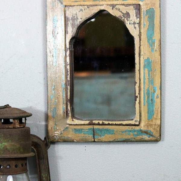 Reclaimed Door Panel Buttercream Turquoise Indian Antique Wood Frame Minaret Mirror