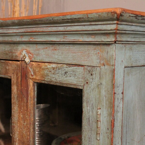 SALE FREE SHIPPING Vintage Handmade Distressed Chippy Painted Blue Indian Glass Storage Cabinet