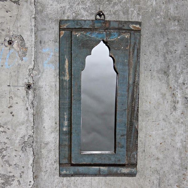 Small Moroccan Mirror Vintage Wood Frame Wall Art Blue and Cream Distressed Wall Mirror Moroccan Decor Turkish