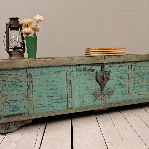 Turquoise Green Reclaimed Salvaged Antique Indian Wedding Trunk Coffee Table Storage Chest