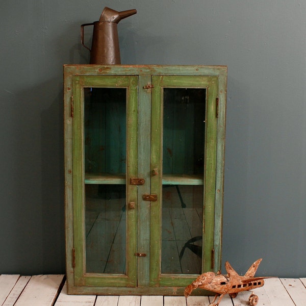 Reclaimed Vintage Distressed Green and Turquoise Indian Industrial Glass Storage Cabinet Curio