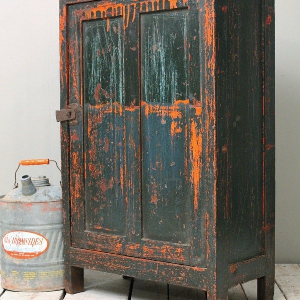 Antique Industrial Rustic Vibrant Orange Green Indian Storage Bar Kitchen Bathroom Cabinet w/ Metal Panels
