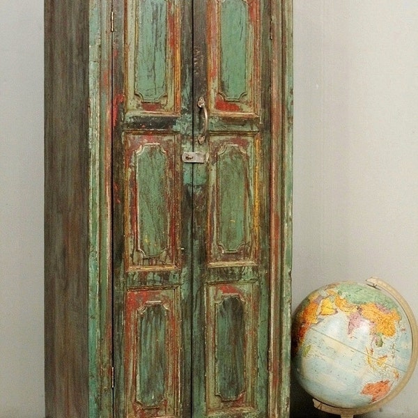 Reserved for Laura Antique Indian Bar Storage Kitchen Bathroom Cabinet Media Tower Farm Chic Warm Industrial Green Brown Red Yellow