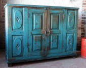 Antique Indian Sideboard Media Console TV Stand Buffet Bright Blue Chippy Paint Industrial Farm Chic Boho Bar Cabinet Moroccan Mediterranean