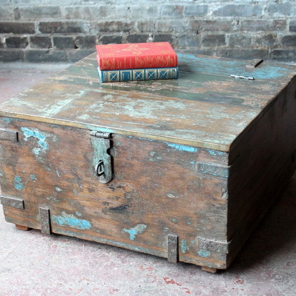 Reserved for Kelly Vintage Travel Trunk Indian Warm Inustrial Wood And Iron Trans Continental Coffee Table Storage Box Blue and Green