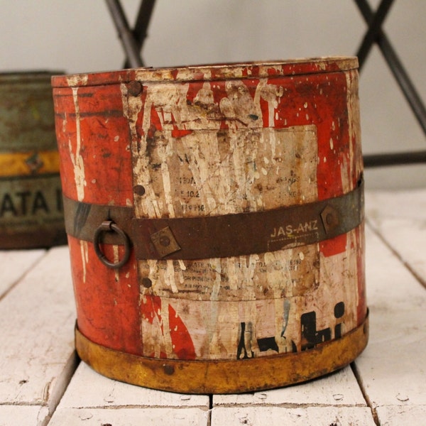 Vintage Indian Reclaimed Red Metal Industrial Farm Chic Old Paint Can Vase Planter