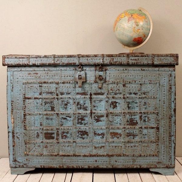 Antique Indian Jodhpur Blue Global Warm Industrial Storage Trunk Sideboard Media Console