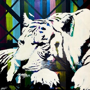 Tigre blanco pintado con acrílicos utilizando un pincel. Formato 100cmx100cm. Fondo y colores negros, estilo gráfico. Hecho a mano sin plantilla.