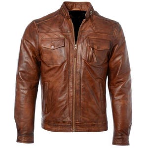 Blouson moto en cuir véritable marron pour homme | Blouson motard en cuir pour homme