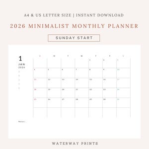 Pode incluir: Um planejador mensal minimalista para 2026, com início no domingo. O calendário está em formato de grade, com datas de 1 a 31. O texto "A4 & US LETTER SIZE | INSTANT DOWNLOAD" está no topo. O planejador é da Waterway Prints.