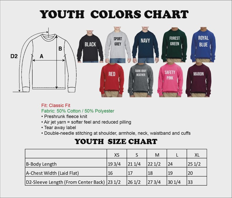 Pu&ograve; includere: Una tabella dei colori e delle taglie per felpe da giovani. L'immagine mostra nove opzioni di colore per le felpe, tra cui nero, grigio sport, blu navy, verde bosco, blu reale, rosso, grigio scuro m&eacute;lange, rosa fluo e marrone, con una tabella.