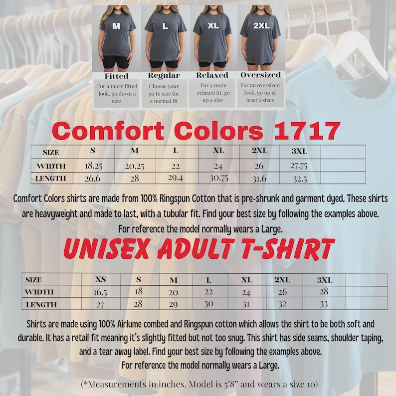 K&ouml;nnte beinhalten: Eine Gr&ouml;&szlig;entabelle f&uuml;r Comfort Colors 1717 und Unisex-T-Shirts f&uuml;r Erwachsene. Das Bild zeigt zwei Tabellen mit Breiten- und L&auml;ngenma&szlig;en in Zoll sowie visuelle Beispiele f&uuml;r eng anliegende, regul&auml;re, lockere und &uuml;bergro&szlig;e Passformen.