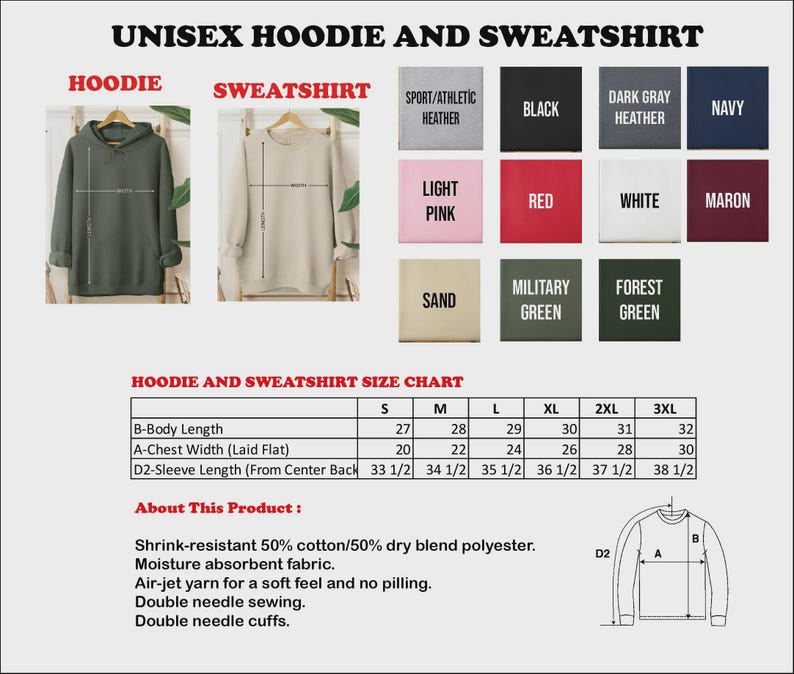 Pu&ograve; includere: Una tabella delle taglie per felpe con e senza cappuccio unisex che mostra una felpa verde scuro, una beige e una tavolozza di undici colori tra cui nero, blu navy, rosso e bianco. Include una tabella con le misure in pollici e dettagli.