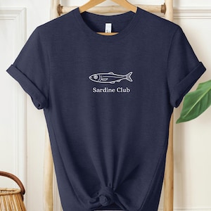 Sardine Club Shirt, Coastal Aesthetic Tee, Minimal Fish Graphic T Shirt, Vintage Seafood Shirt, Trendy Summer Tee, Unisex Beach Shirt