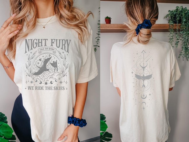 The image is a collage of two photos featuring a woman wearing a white t-shirt with a graphic design and text. The woman is posing in front of a shelf with plants, and the t-shirt has a graphic design and text on it.