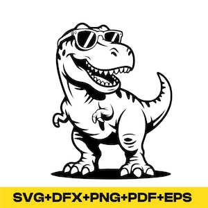 May include: A black and white illustration of a Tyrannosaurus Rex wearing sunglasses and smiling. The image includes the text "SVG+DFX+PNG+PDF+EPS" in a yellow banner at the bottom.