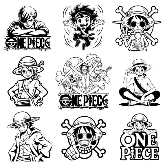 One Piece Style Anime Bundle SVG,PNG, Straw Hat Pirate Clipart, Luffy Black & White Line Art, T-Shirt Design, Fan art,  Digital Download