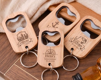 Personalized Wooden Bottle Opener Keychain, Custom Engraved Keyring, Groomsmen Gifts, Rustic Wedding Favors, Bachelor Party Gift for Him