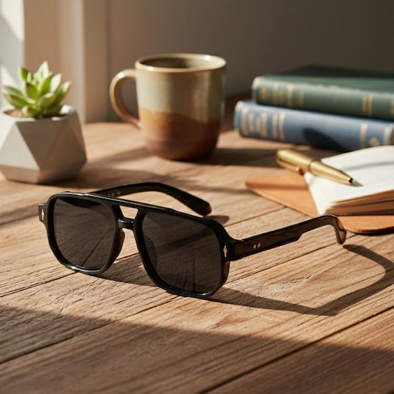 Men's Black Navigator Sunglasses: Retro Double Bridge, UV400 Protection
