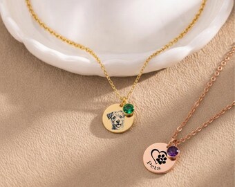 Personalized Pet Portrait Necklace, Custom Birthstone Dog Tag, Engraved Memorial Jewelry