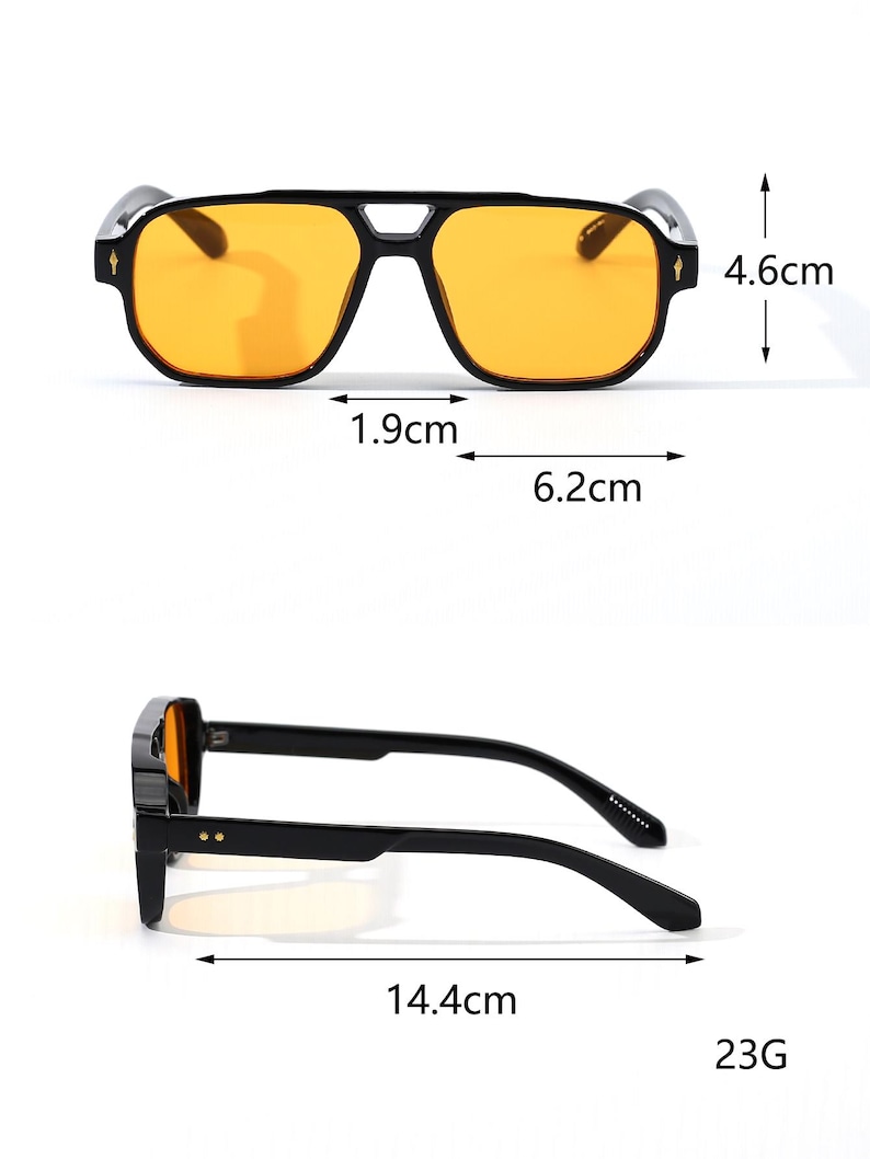 May include: Black square-framed sunglasses with orange lenses. The sunglasses measure 6.2 cm wide, 4.6 cm high, and 14.4 cm long. The frame has a bridge width of 1.9 cm. The glasses have a modern, geometric design.