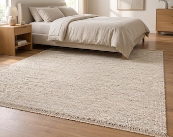 Puede incluir: Una alfombra rectangular que presenta una textura tejida gruesa en una paleta de colores neutros beige y crema. La alfombra está construida con un diseño de hilo grueso y rizado, acabado con detalles de flecos rectos en los bordes cortos.