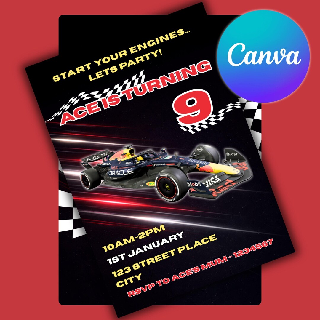 Red Bull F1 Racing Birthday Invitation | Editable Canva Formula One ...