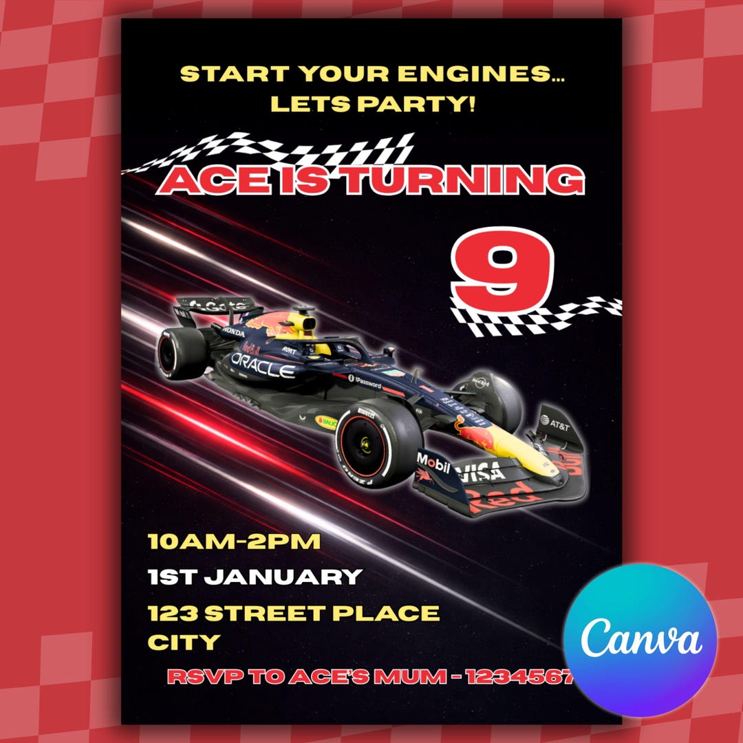 Red Bull F1 Racing Birthday Invitation | Editable Canva Formula One ...