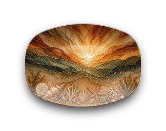 Bandeja Ola del Océano – Plato de arte costero, diseño abstracto de playa con vetas doradas, bandeja para servir en la cocina