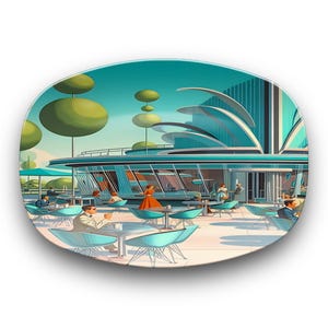 Puede incluir: Ilustración retro de un restaurante moderno de mediados de siglo con clientes sentados en sillas y mesas turquesas. El edificio presenta una combinación de colores turquesa y blanco, con grandes ventanales y un diseño arquitectónico único. Los árboles verdes y el cielo azul completan la escena.
