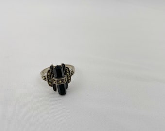 Onyx and marcasite sterling silver ring