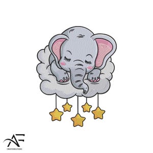 Sleeping Baby Elephant on Cloud Embroidery Design, Cute Animal Machine Embroidery File, Baby Shower Embroidery Pattern