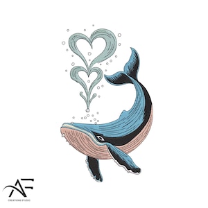 Whale with Love Heart Spray Embroidery Design – Cute Ocean Animal Machine Embroidery File, Valentine’s Day Pattern