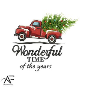 Christmas Truck Embroidery Design – Vintage Red Truck with Tree Machine Embroidery File, Holiday Embroidery Pattern
