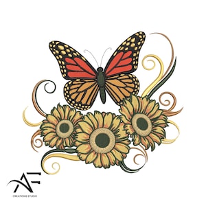 Monarch Butterfly & Sunflower Embroidery Design: Machine Embroidery File