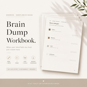 May include: A stack of white workbooks with the title "Brain Dump Workbook." The pages include prompts for managing worry and stress. The design includes icons for print, pages, focus, and download. The text also includes "Quiet Tools for Overwhelmed Minds."