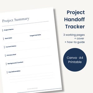 May include: A white printable project summary sheet with a blue border. The sheet includes fields for project name, start date, current status, primary goal, background, and key deliverables. A navy blue circle with white text reads "Project Handoff Tracker".