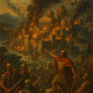 May include: An oil painting depicts a city engulfed in flames, with a leader in red gesturing towards the inferno. Soldiers with spears and shields stand ready, while winged creatures soar in the smoky sky. The artwork evokes a sense of war and destruction.