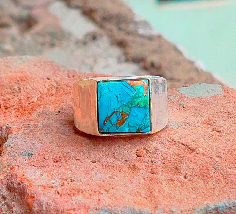 Handmade Sterling Silver Turquoise Ring: Square Gemstone Boho Band - Etsy
