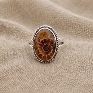 Könnte beinhalten: Ein Silberring mit einem ovalen Ammoniten-Fossil als Mittelstück. Das Fossil zeigt ein natürliches Spiralmuster in Braun- und Beigetönen. Die Fassung ist von einem gedrehten Metallrand umgeben und die Ringschiene ist gespalten.