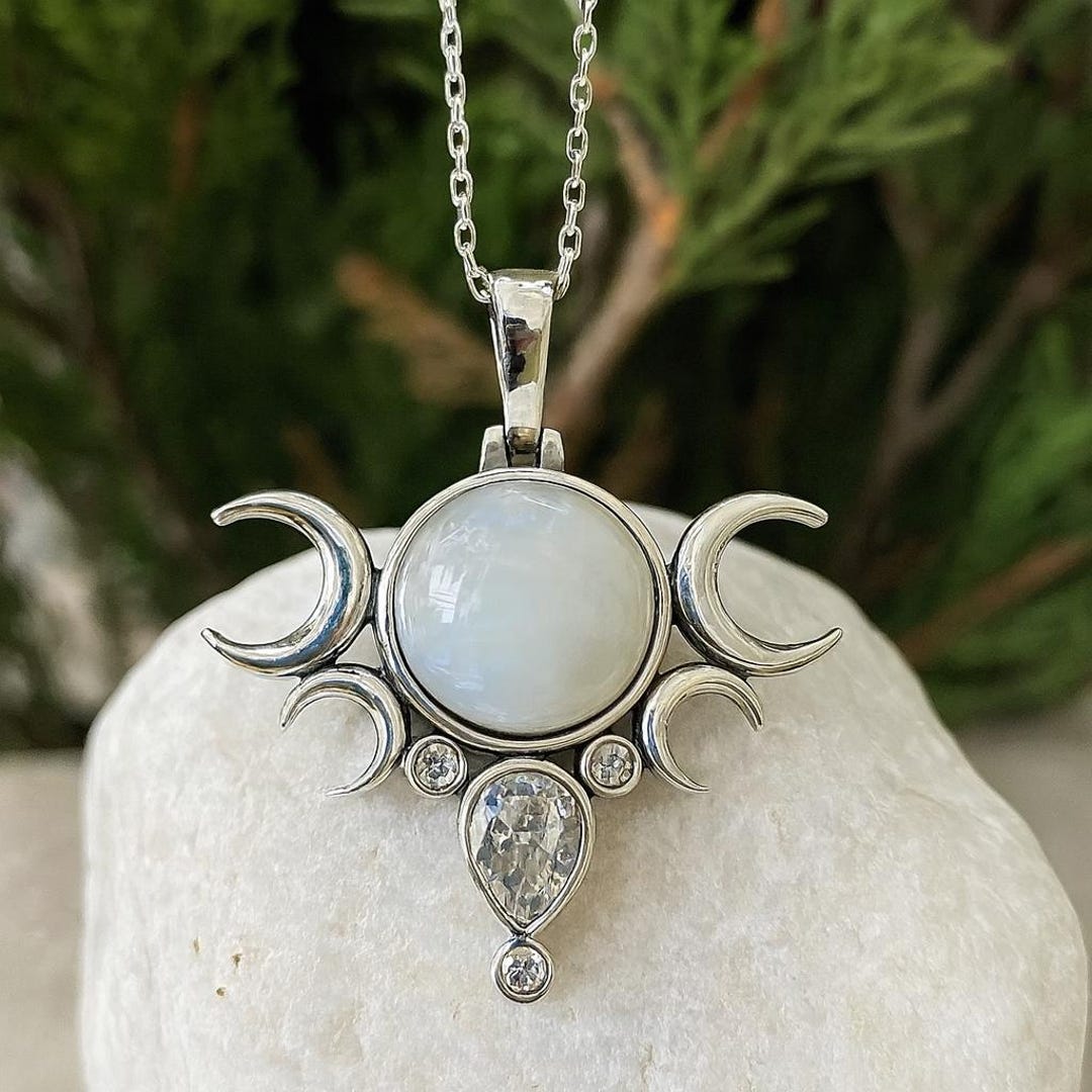 Moonstone Triple Moon Goddess Sterling Silver Pendant • Wiccan Necklace ...