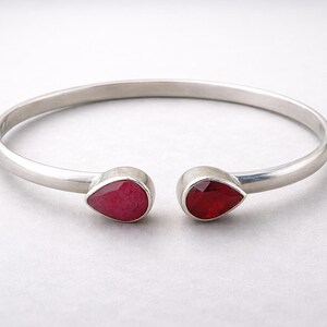 Ruby & Garnet  Open Bangle Bracelet • 925 Sterling Silver Cuff • Pear-Cut Ruby Gift for Her • Best Gift For Her, Mother Day Gift