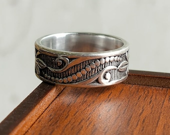 Sterling Silver Floral Band Ring, Vintage Engraved Boho Statement Ring