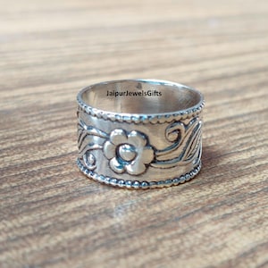 Vintage Floral Design Band Ring, 925 Sterling Silver, Handmade Ring, Wide Band Ring, Antique Style Band Ring, Silver Jewelry For Women