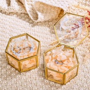 Personalized Hexagon Glass Ring Box, Custom Clear Ring Box, Romantic Wedding Ceremony Ring Box, Proposal Ring Box with Petals, Ring Holder
