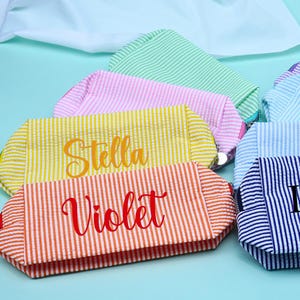 Personalized Bridesmaid Makeup Bag - Embroidered Name Seersucker Bag, Bridesmaid Gifts, Bridal Party Gift, Bridesmaid Bag, Gift for Her