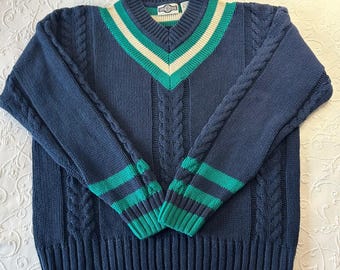 Vintage 80s Gulf Traders Cable Knit V-Neck Sweater Navy Green Stripe Size L Prep