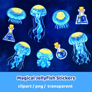 Magische Quallen Aufkleber – Kawaii Digitale Trankflaschen & Meer PNG für iPad, GoodNotes, Journaling